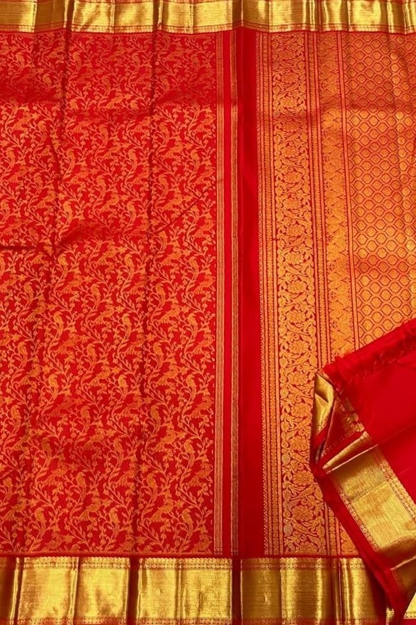 Classic Red Banarasi Soft Silk Saree with Jacquard Zari Creeper Weave and Gold Border  in Surat