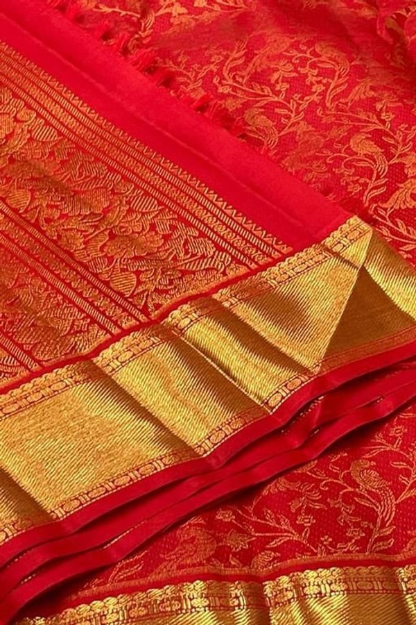 Classic Red Banarasi Soft Silk Saree with Jacquard Zari Creeper Weave and Gold Border  in Surat
