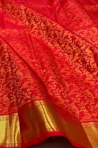 Classic Red Banarasi Soft Silk Saree with Jacquard Zari Creeper Weave and Gold Border  in Surat