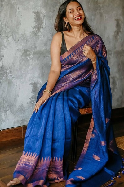 Cobalt Blue Saree with Copper Zari Buttis and Broad Woven Copper Border for Festive Wear in Surat