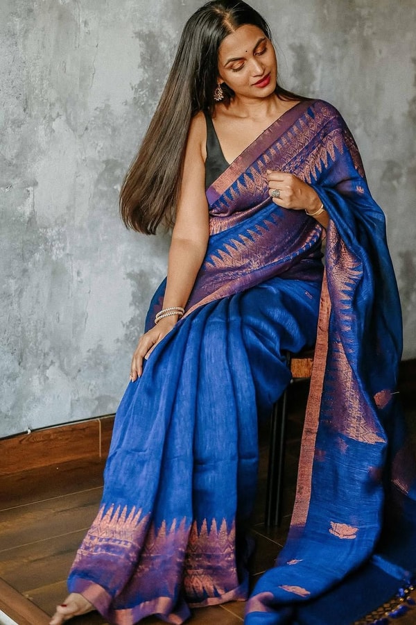 Cobalt Blue Saree with Copper Zari Buttis and Broad Woven Copper Border for Festive Wear  in Surat