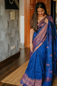Cobalt Blue Saree with Copper Zari Buttis and Broad Woven Copper Border for Festive Wear  in Surat
