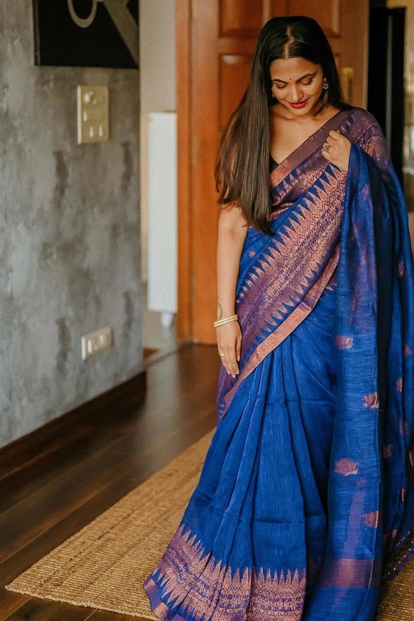 Cobalt Blue Saree with Copper Zari Buttis and Broad Woven Copper Border for Festive Wear  in Surat