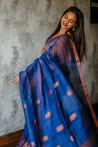Cobalt Blue Saree with Copper Zari Buttis and Broad Woven Copper Border for Festive Wear  in Surat