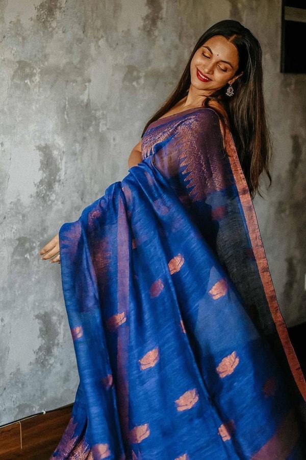 Cobalt Blue Saree with Copper Zari Buttis and Broad Woven Copper Border for Festive Wear  in Surat