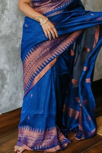 Cobalt Blue Saree with Copper Zari Buttis and Broad Woven Copper Border for Festive Wear  in Surat
