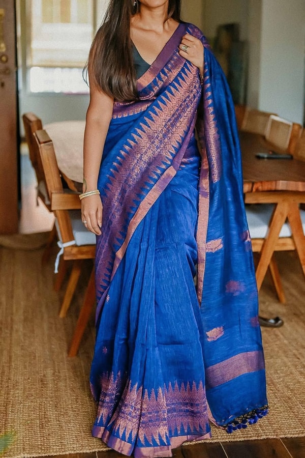 Cobalt Blue Saree with Copper Zari Buttis and Broad Woven Copper Border for Festive Wear  in Surat