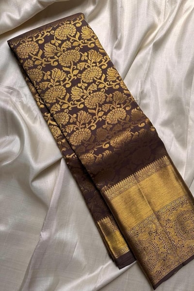 Coffee Brown Banarasi Soft Silk Saree with Broad Gold Zari Border and Brocade Pallu in Surat