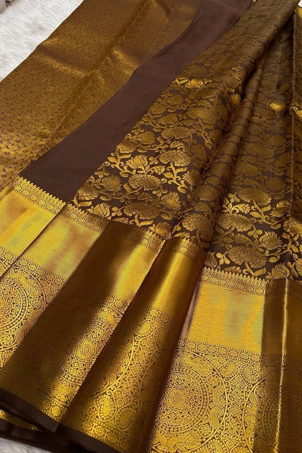 Coffee Brown Banarasi Soft Silk Saree with Broad Gold Zari Border and Brocade Pallu  in Surat