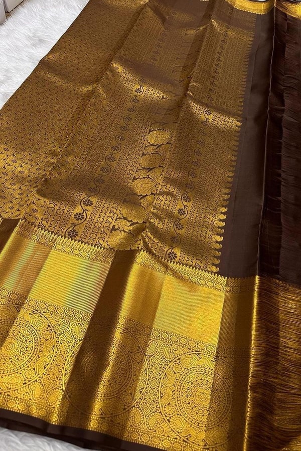 Coffee Brown Banarasi Soft Silk Saree with Broad Gold Zari Border and Brocade Pallu  in Surat