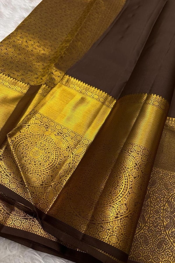 Coffee Brown Banarasi Soft Silk Saree with Broad Gold Zari Border and Brocade Pallu  in Surat