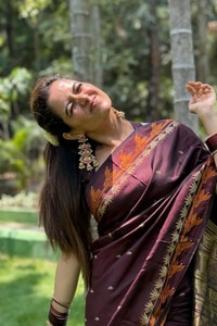 Coffee Brown Banarasi Soft Silk Saree with Contrast Rust Zari Border and Gold Butta Body  in Surat