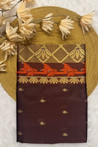 Coffee Brown Banarasi Soft Silk Saree with Contrast Rust Zari Border and Gold Butta Body  in Surat
