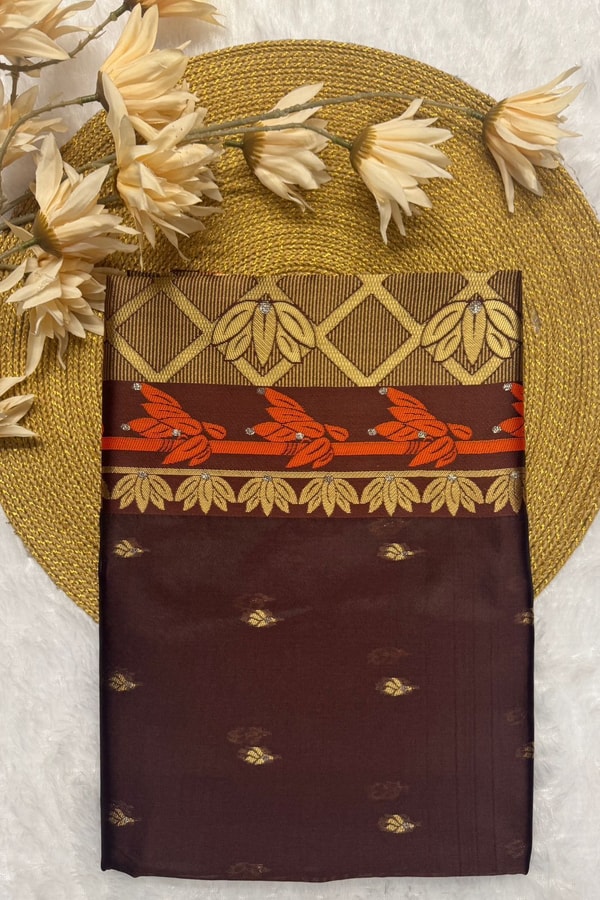 Coffee Brown Banarasi Soft Silk Saree with Contrast Rust Zari Border and Gold Butta Body  in Surat