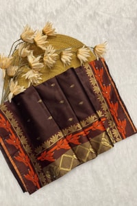 Coffee Brown Banarasi Soft Silk Saree with Contrast Rust Zari Border and Gold Butta Body  in Surat