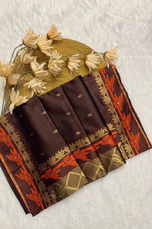 Coffee Brown Banarasi Soft Silk Saree with Contrast Rust Zari Border and Gold Butta Body  in Surat