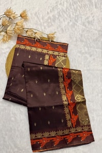 Coffee Brown Banarasi Soft Silk Saree with Contrast Rust Zari Border and Gold Butta Body  in Surat