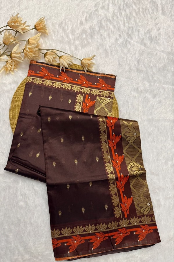 Coffee Brown Banarasi Soft Silk Saree with Contrast Rust Zari Border and Gold Butta Body  in Surat