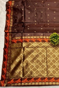 Coffee Brown Banarasi Soft Silk Saree with Contrast Rust Zari Border and Gold Butta Body  in Surat