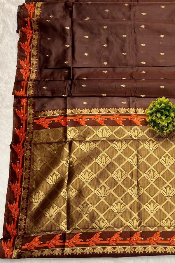 Coffee Brown Banarasi Soft Silk Saree with Contrast Rust Zari Border and Gold Butta Body  in Surat