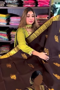 Coffee Brown Banarasi Soft Silk Saree with Gold Floral Zari Buttas and Broad Gold Pallu  in Surat