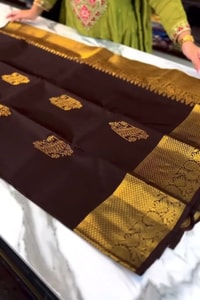 Coffee Brown Banarasi Soft Silk Saree with Gold Floral Zari Buttas and Broad Gold Pallu  in Surat