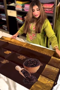 Coffee Brown Banarasi Soft Silk Saree with Gold Floral Zari Buttas and Broad Gold Pallu  in Surat