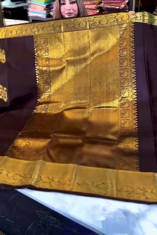 Coffee Brown Banarasi Soft Silk Saree with Gold Floral Zari Buttas and Broad Gold Pallu  in Surat