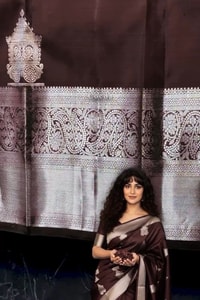 Coffee Brown Banarasi Soft Silk Saree with Silver-Tone Zari Border and Woven Pallu  in Surat