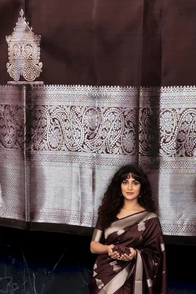 Coffee Brown Banarasi Soft Silk Saree with Silver-Tone Zari Border and Woven Pallu in Surat