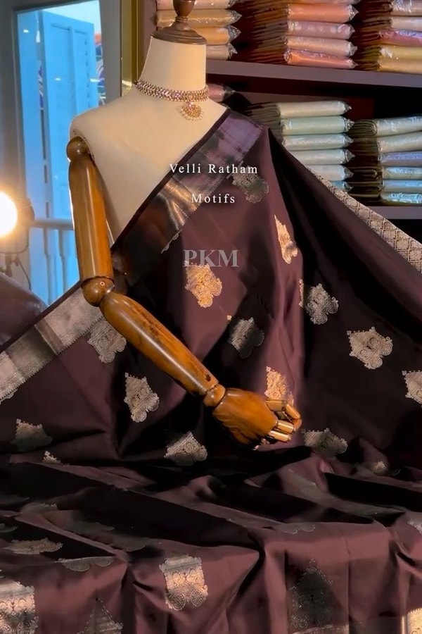 Coffee Brown Banarasi Soft Silk Saree with Silver-Tone Zari Border and Woven Pallu  in Surat
