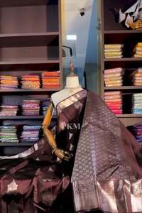 Coffee Brown Banarasi Soft Silk Saree with Silver-Tone Zari Border and Woven Pallu  in Surat