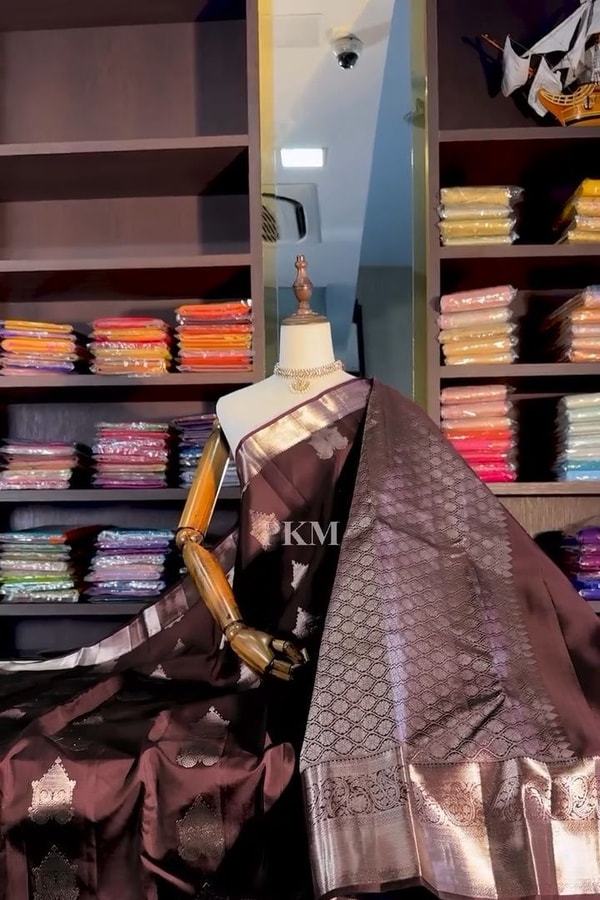 Coffee Brown Banarasi Soft Silk Saree with Silver-Tone Zari Border and Woven Pallu  in Surat