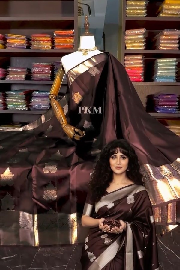 Coffee Brown Banarasi Soft Silk Saree with Silver-Tone Zari Border and Woven Pallu  in Surat