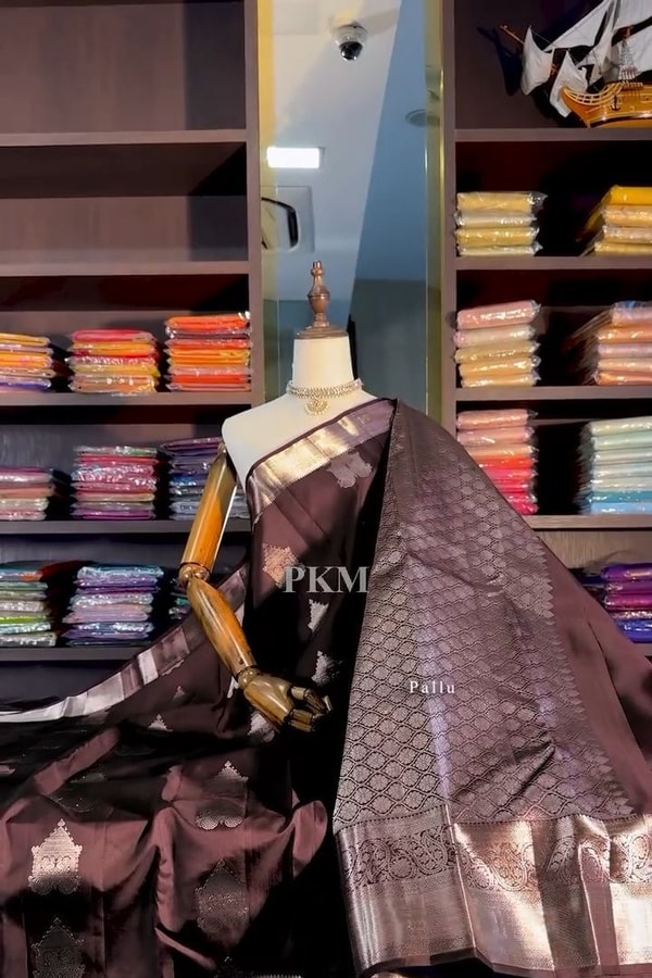 Coffee Brown Banarasi Soft Silk Saree with Silver-Tone Zari Border and Woven Pallu  in Surat
