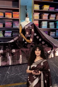 Coffee Brown Banarasi Soft Silk Saree with Silver-Tone Zari Border and Woven Pallu  in Surat video 1