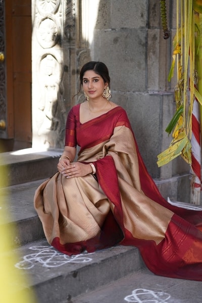 Colour Block Banarasi Soft Silk Saree with Copper Zari Lines and Wide Contrast Border in Surat
