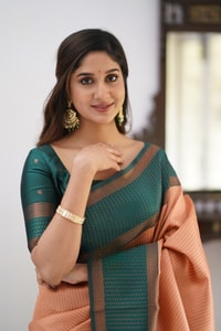 Colour Block Banarasi Soft Silk Saree with Copper Zari Lines and Wide Contrast Border  in Surat