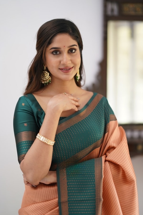 Colour Block Banarasi Soft Silk Saree with Copper Zari Lines and Wide Contrast Border  in Surat
