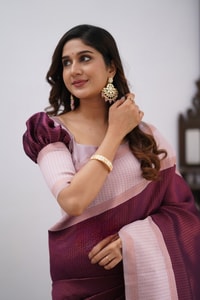Colour Block Banarasi Soft Silk Saree with Copper Zari Lines and Wide Contrast Border  in Surat
