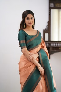Colour Block Banarasi Soft Silk Saree with Copper Zari Lines and Wide Contrast Border  in Surat
