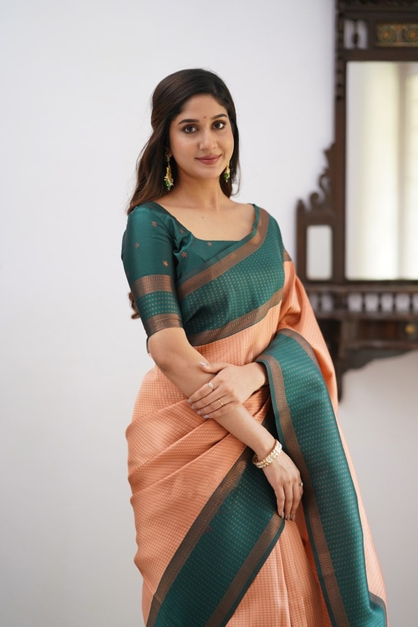 Colour Block Banarasi Soft Silk Saree with Copper Zari Lines and Wide Contrast Border  in Surat