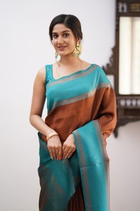 Colour Block Banarasi Soft Silk Saree with Copper Zari Lines and Wide Contrast Border  in Surat
