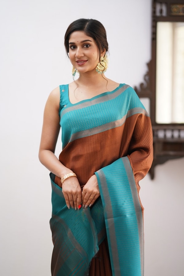 Colour Block Banarasi Soft Silk Saree with Copper Zari Lines and Wide Contrast Border  in Surat