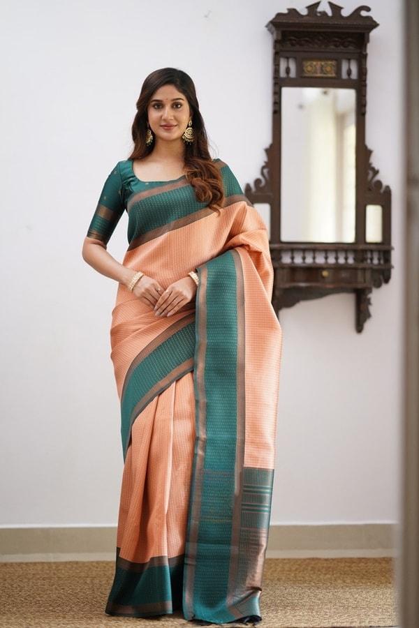 Colour Block Banarasi Soft Silk Saree with Copper Zari Lines and Wide Contrast Border  in Surat