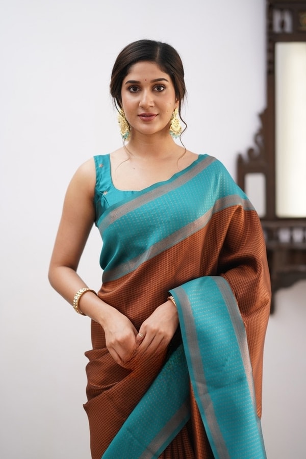 Colour Block Banarasi Soft Silk Saree with Copper Zari Lines and Wide Contrast Border  in Surat
