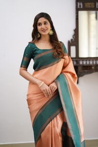 Colour Block Banarasi Soft Silk Saree with Copper Zari Lines and Wide Contrast Border  in Surat
