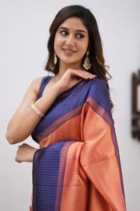 Colour Block Banarasi Soft Silk Saree with Copper Zari Lines and Wide Contrast Border  in Surat