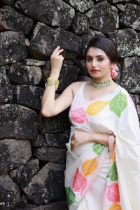 Colourful Leaf Motif Banarasi Soft Silk Saree with Gold and Copper Zari in Off-White and Black  in Surat