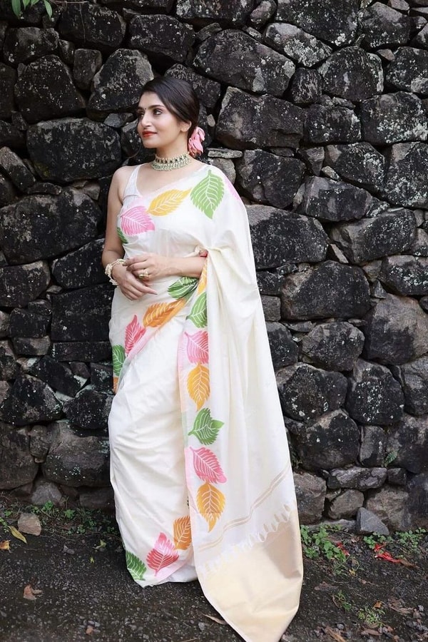 Colourful Leaf Motif Banarasi Soft Silk Saree with Gold and Copper Zari in Off-White and Black  in Surat